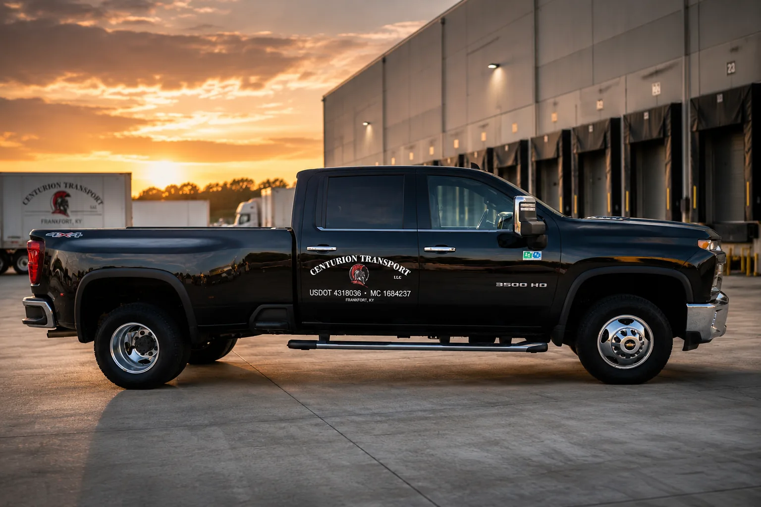 Centurion Transport air-ride flatbed truck at sunset in Frankfort, Kentucky